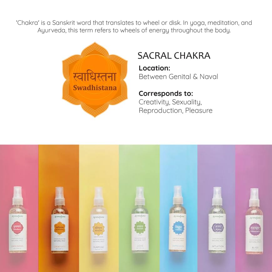 Aromafume Sacral Chakra Natural Mist 100ml/3.3 fl oz | Swadisthana | Aromatherapy Spray for Chakra Balance | Orange & Patchouli Extracts | Essential Oil Spray for Meditation, Yoga, Reiki