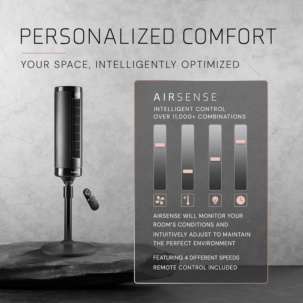 Lasko Elevation Tower Fan for Bedroom, Office, and Living Room - 42”-54” Adjustable Height Cooling with 31 Ft/S Airflow and 90° Oscillation- Quiet 28 Db Operation - Remote Control - Black