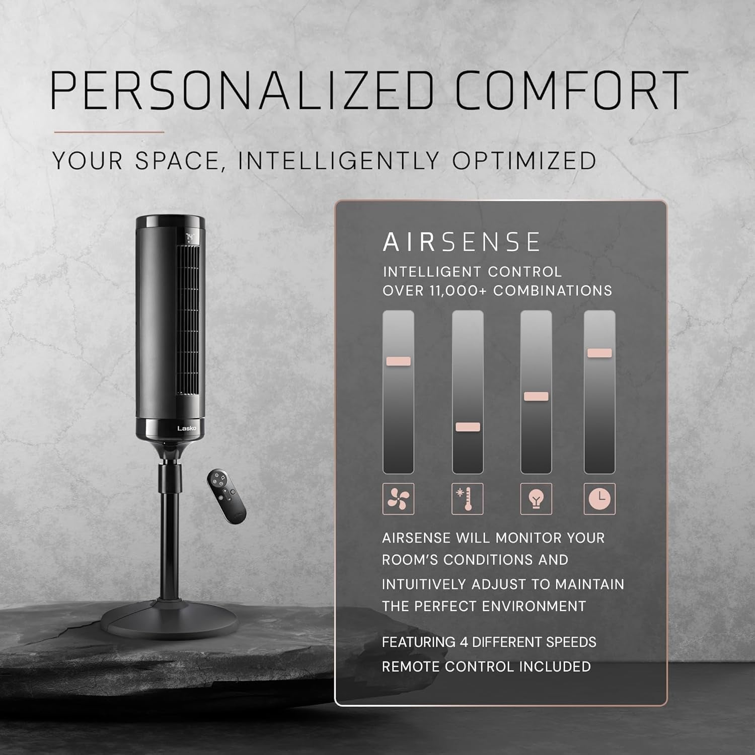 Lasko Elevation Tower Fan for Bedroom, Office, and Living Room - 42”-54” Adjustable Height Cooling with 31 Ft/S Airflow and 90° Oscillation- Quiet 28 Db Operation - Remote Control - Black