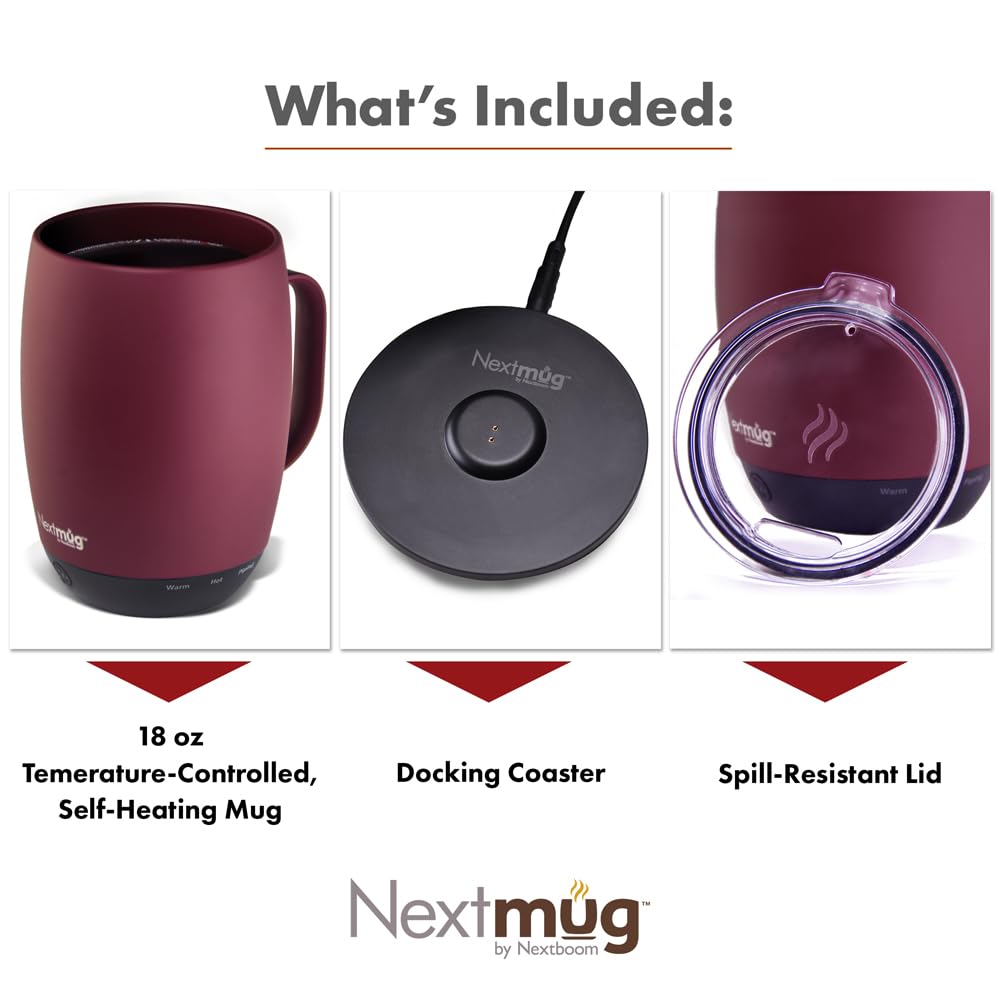Nextmug Plus (Burgundy - 18 oz.) Temperature-Controlled, Self-Heating Mug – No App, Long-Lasting Battery for Work & Study, Great Gift for Coffee Lovers