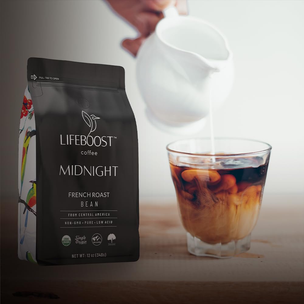 Lifeboost Midnight French Roast Coffee Beans - Single Origin Non-GMO USDA Organic Low Acid French Roast Coffee - Third Party Tested For Mycotoxins & Pesticides - 12 Ounces