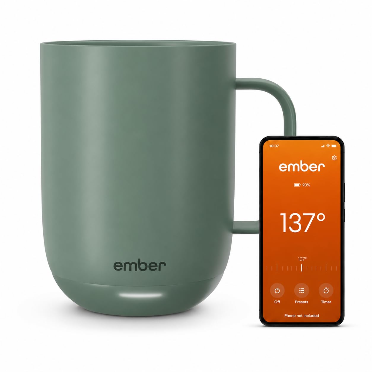 Ember Temperature Control 14oz Smart Mug 2, App-Controlled and Rechargeable Heated Coffee Cup Warmer with Intelligent LED Display, Sage Green.