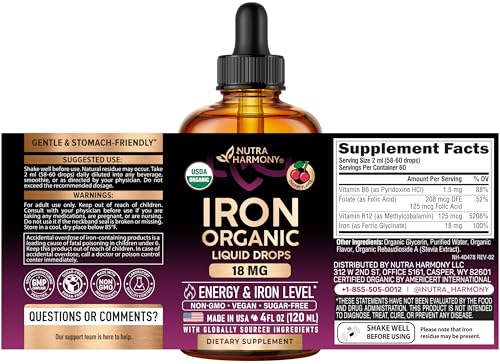 Liquid Iron Supplement for Women 18 mg - USDA Organic Drops, USA-Made - with Folate, Vitamin B12 & B6 - Iron Level & Energy - Gentle & High Absorption Glycinate Form - Cherry Flavor, Sugar-Free, 4 oz