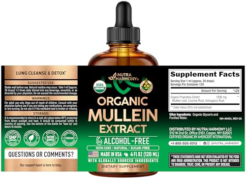 Mullein Drops for Lungs - USDA Organic Liquid - Mullein Leaf Extract Supplement - Made in USA - Lung & Bronchial Cleanse for Smokers - Respiratory Health Support - As Tincture, Tea, Pills - 4 fl oz