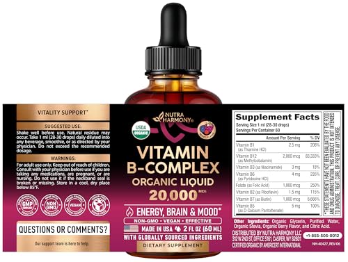 USDA Organic Vitamin B-Complex B5 Pantothenic Acid | B12 Methylcobalamin | B1 Thiamine | B6 Pyridoxine | B7 Biotin | B9 Folic | B3 Niacinamide - B Complex Liquid Drops, Made in USA Supplement, 2fl oz