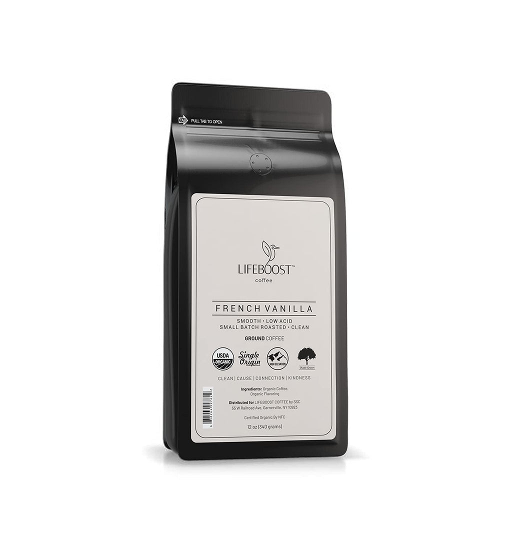 Lifeboost French Vanilla Ground Coffee - Non-GMO Low Acid Single Origin USDA Organic Coffee - Third Party Tested For Mycotoxins & Pesticides - 12 Ounces
