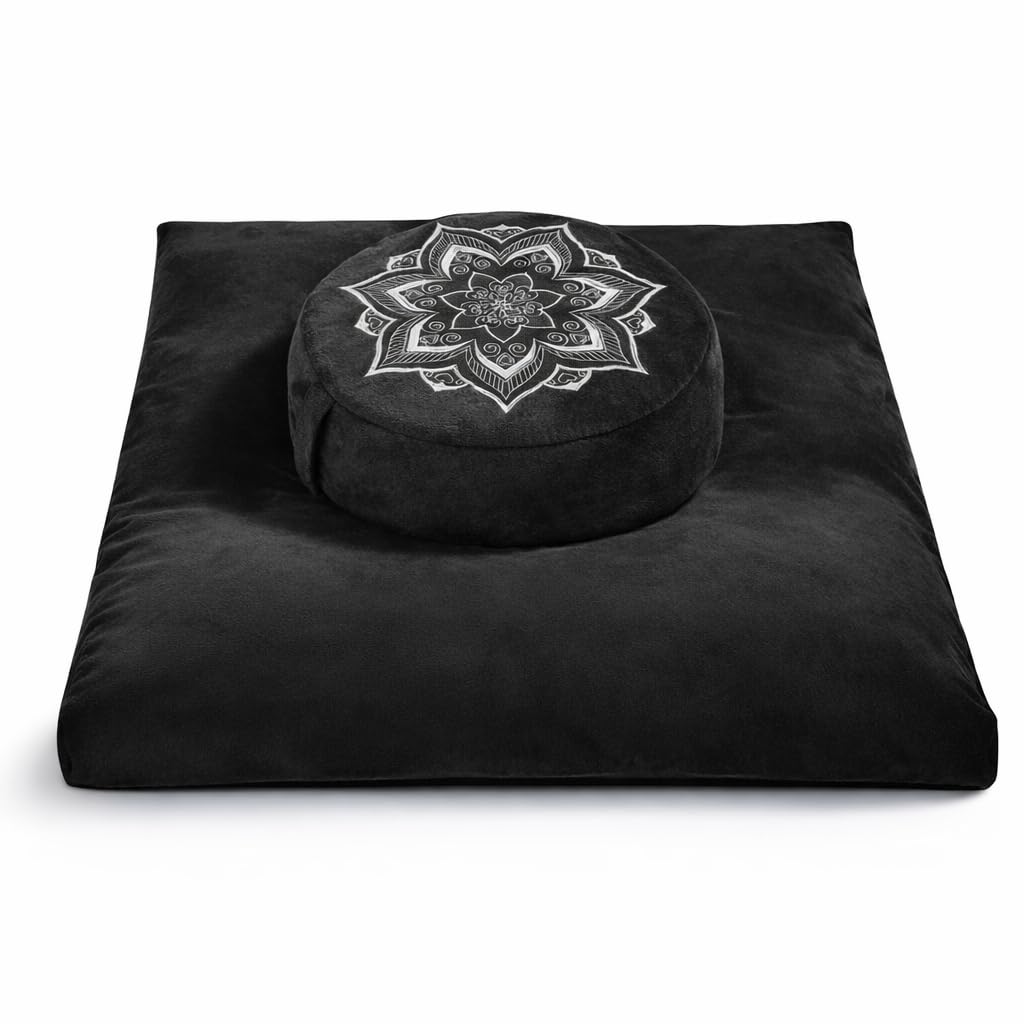 hunnidspace Meditation Cushion Set Zafu & Zabuton – Buckwheat Hull & Memory Foam, Adjustable Floor Pillow for Yoga, Meditation & Sitting, Removable Velvet Cover (Classic Black)