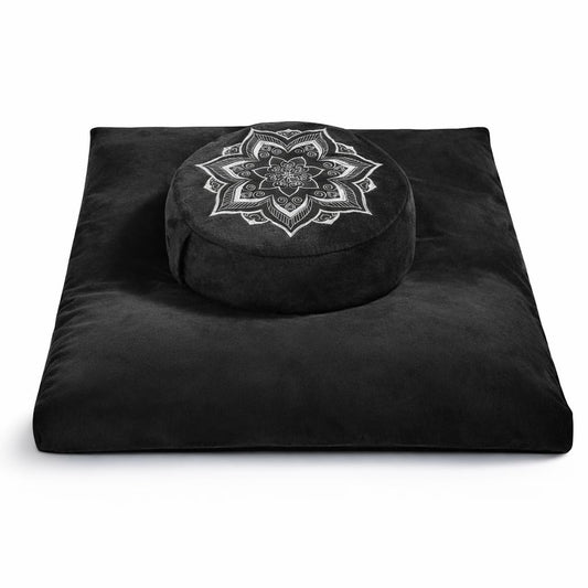 hunnidspace Meditation Cushion Set Zafu & Zabuton – Buckwheat Hull & Memory Foam, Adjustable Floor Pillow for Yoga, Meditation & Sitting, Removable Velvet Cover (Classic Black)