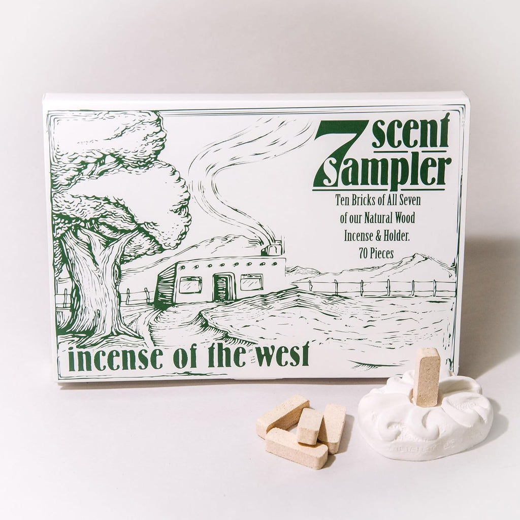 - 7 Scent Sampler Natural Wood Incense with Burner, Includes Piñon, Cedar, Juniper, Hickory, Alder, Mesquite, and Fir Balsam (70 Bricks) - Made in the USA