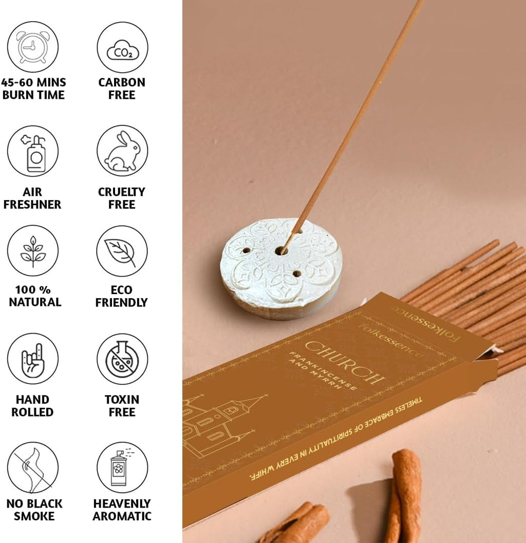 Church Incense Sticks with Holder (100 Sticks) | Frankincense & Myrrh Catholic Incense Stick for Prayer, Daily Worship | No Charcoal,Organic,Non Toxic, 45 Mins, Long Burning Insence-Sticks