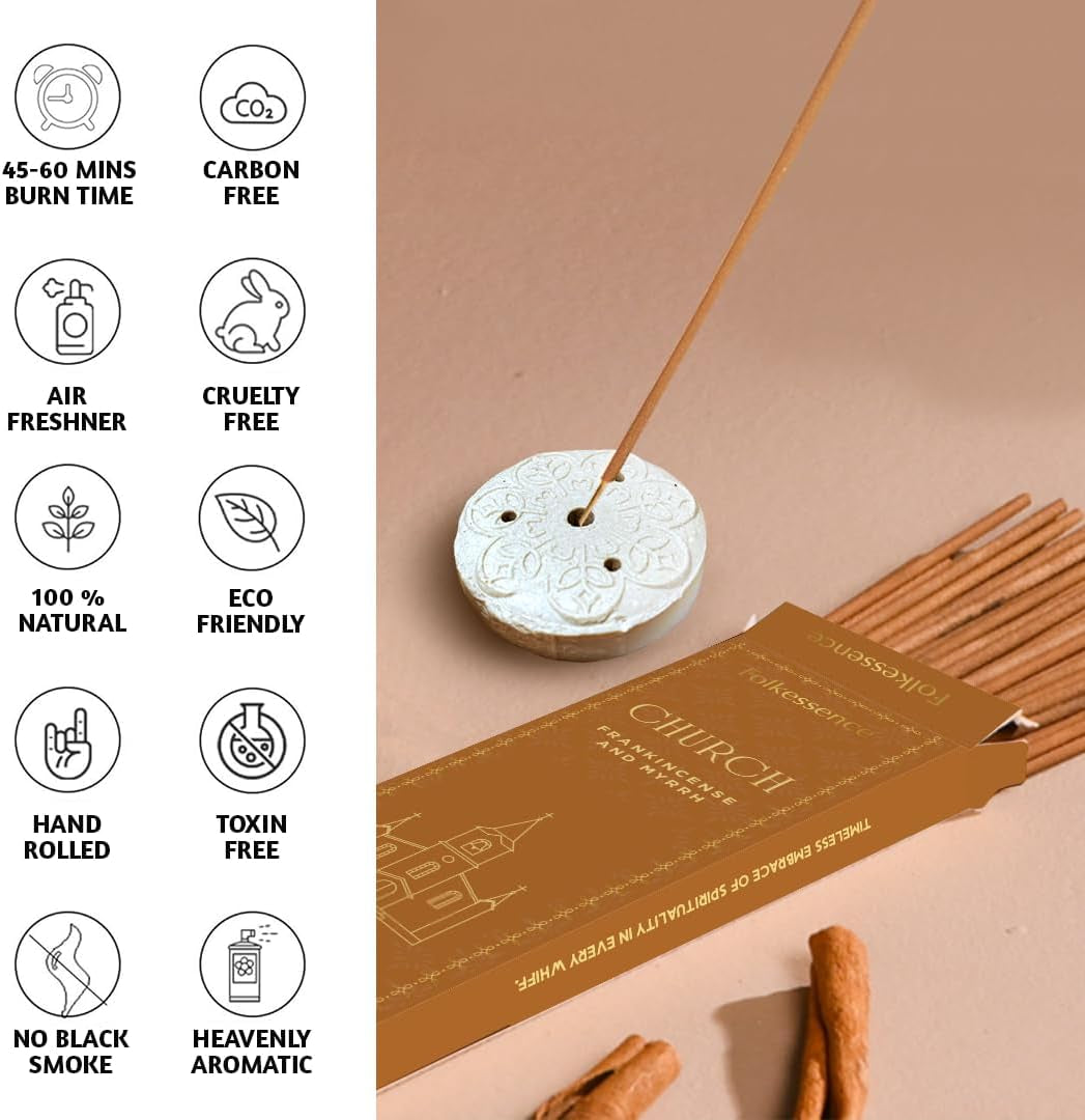 Church Incense Sticks with Holder (100 Sticks) | Frankincense & Myrrh Catholic Incense Stick for Prayer, Daily Worship | No Charcoal,Organic,Non Toxic, 45 Mins, Long Burning Insence-Sticks