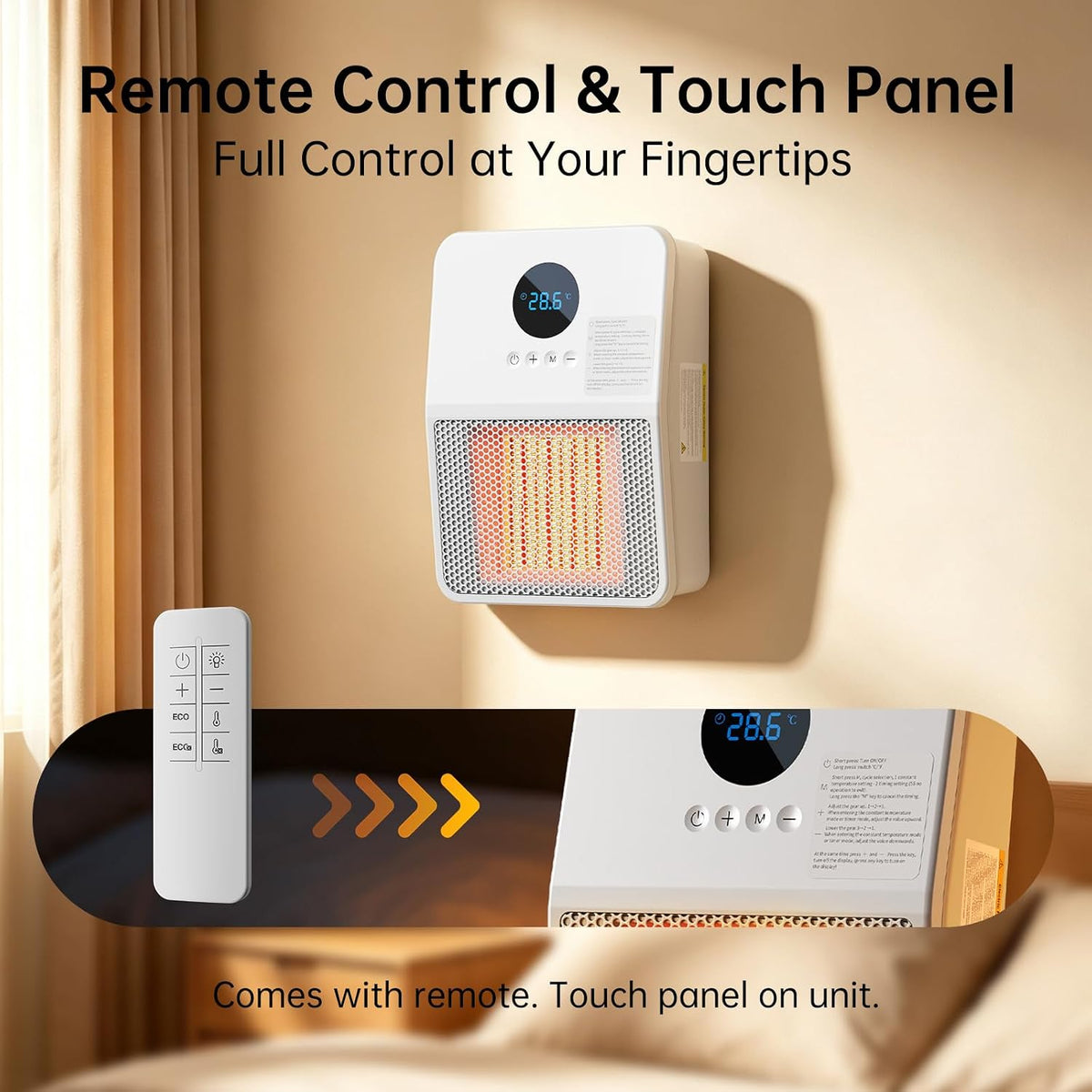 Wall Heater for Indoor Use, 1500W PTC Ceramic Space Heater, Remote