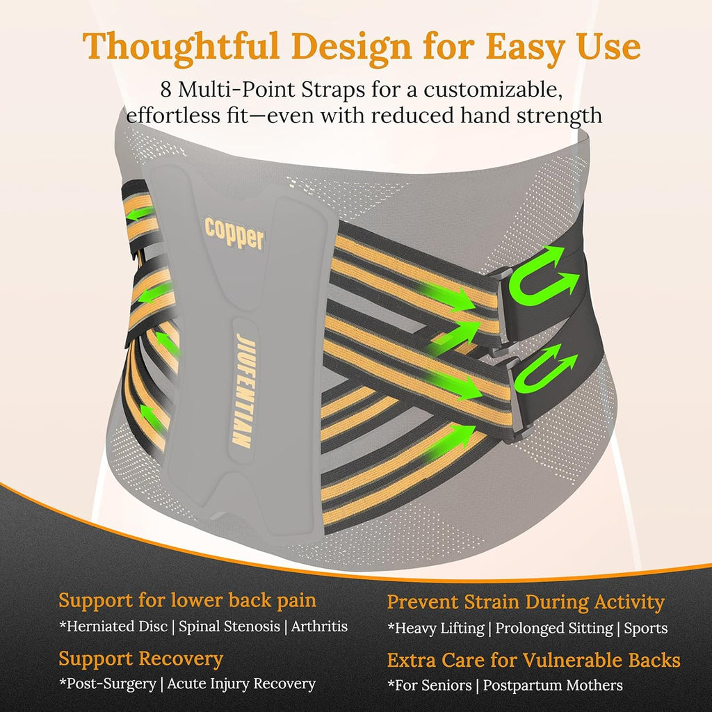 Copper Lower Back Brace with Removable Dual Spine Rods & Therapy Pocket-Ultra Breathable for Lower Back Pain Relief & Work Support(Large)