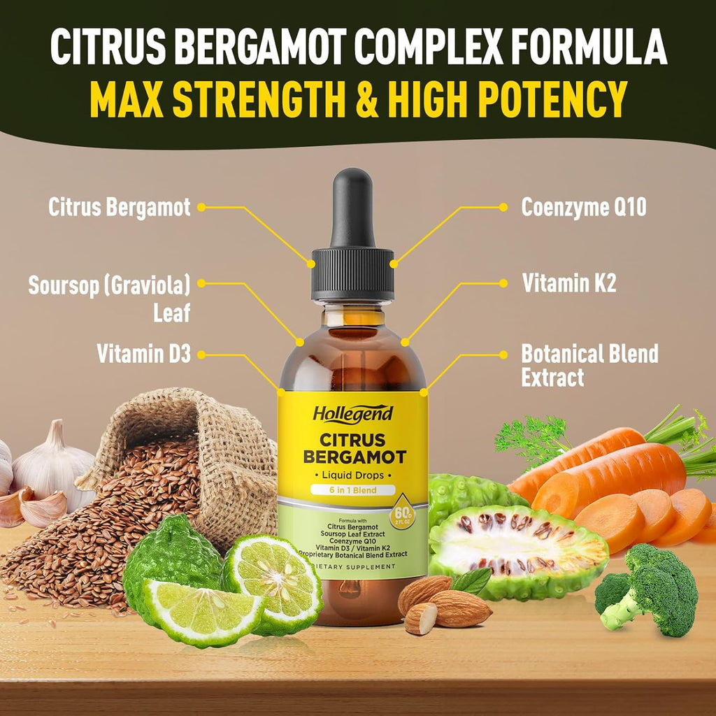 Citrus Bergamot Liquid Drops, Organic Citrus Bergamot 1000Mg Supplement, plus Soursop, Coq10, Vitamin D3, K2, Overall Health Support, Vegan, Lemon Flavor,2 Fl Oz
