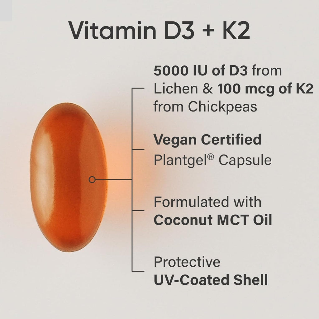 Sports Research® Vitamin D3 + K2 W/ Coconut Oil - Vegan Vitamin D 5000Iu & Mk7 Vitamin K 100Mcg for Bone & Immune Support - Vegan Certified · Non-Gmo · Soy Free - 60 Softgels | Plant-Based Vitamin D 5000Iu/125Mcg & Soy-Free Vitamin K 100Mcg for Bone & Immune Support - Vegan Certified & Non-Gmo Verifed