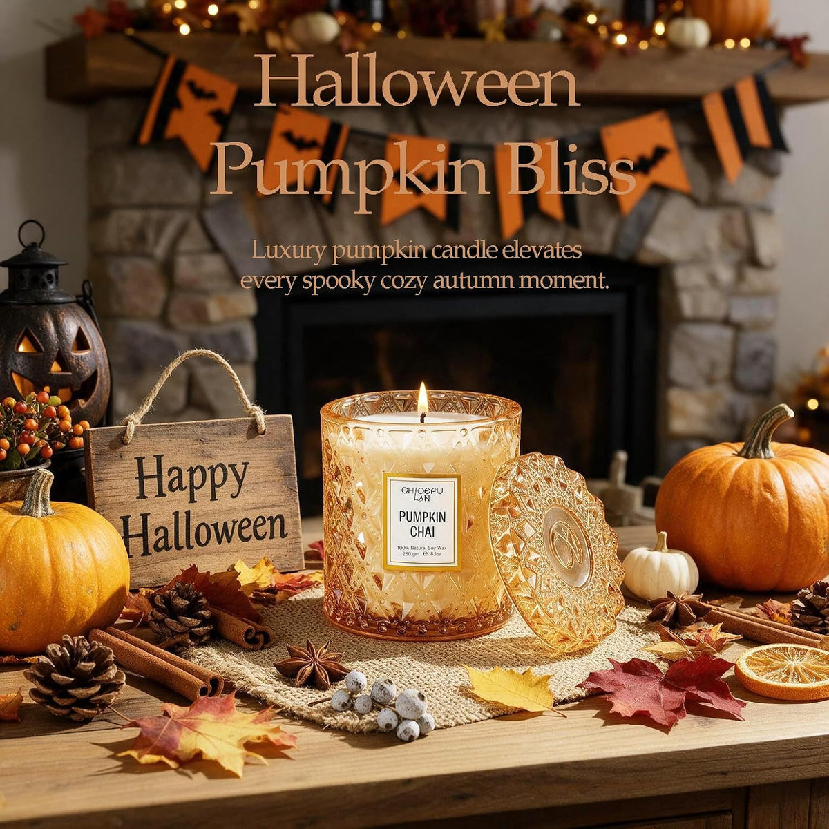 Pumpkin Chai Candles Halloween Candle Gift, Farmhouse Candles for Home, Luxury Scented Soy Jar Fall Candle with up to 55 Hour Long Lasting, Home Decor, Barn Fall Decor Pottery, 8.1Oz