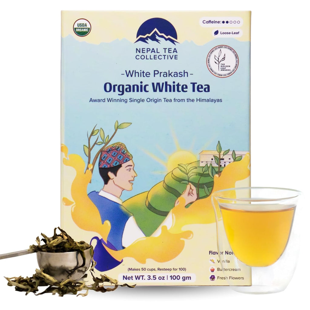 Organic White Tea Loose Leaf - USDA Certified Organic from a Family Farm in the Himalayas - Award-Winning Premium Tea Leaves to Enjoy Hot or Cold – 3.5Oz /100G (White Prakash)