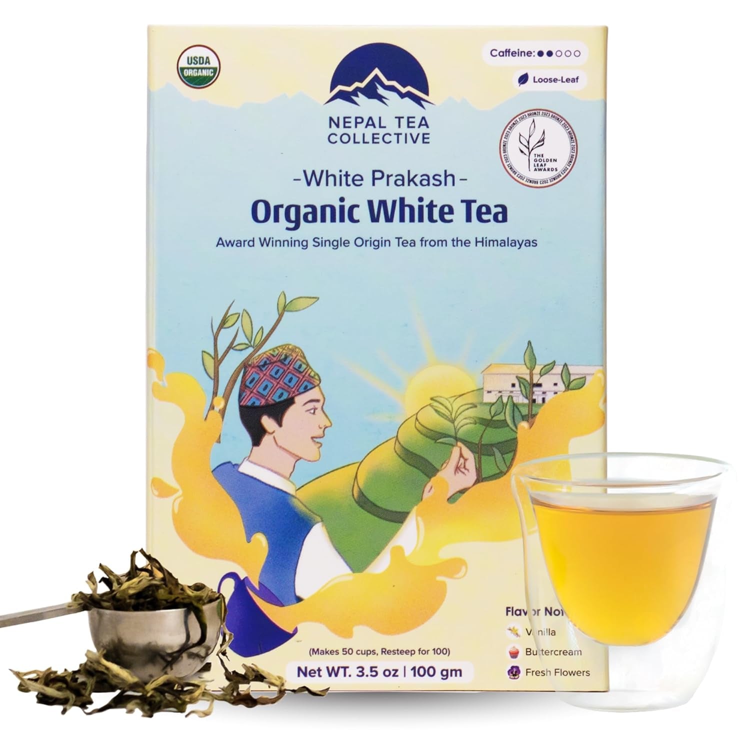 Organic White Tea Loose Leaf - USDA Certified Organic from a Family Farm in the Himalayas - Award-Winning Premium Tea Leaves to Enjoy Hot or Cold – 3.5Oz /100G (White Prakash)