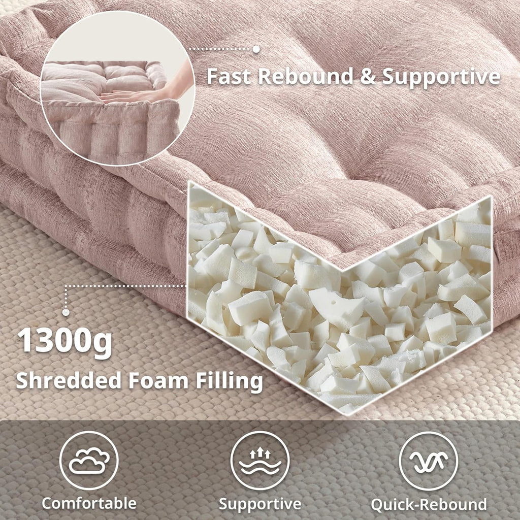Large Floor Pillow for Adults Yoga or Meditation Cushion with Handle, Floor Cushion for Board Games, Lustrous Chenille Tufted, Handsewn Scalloped Edge, Azza, 24" X 24" X 5" Blush