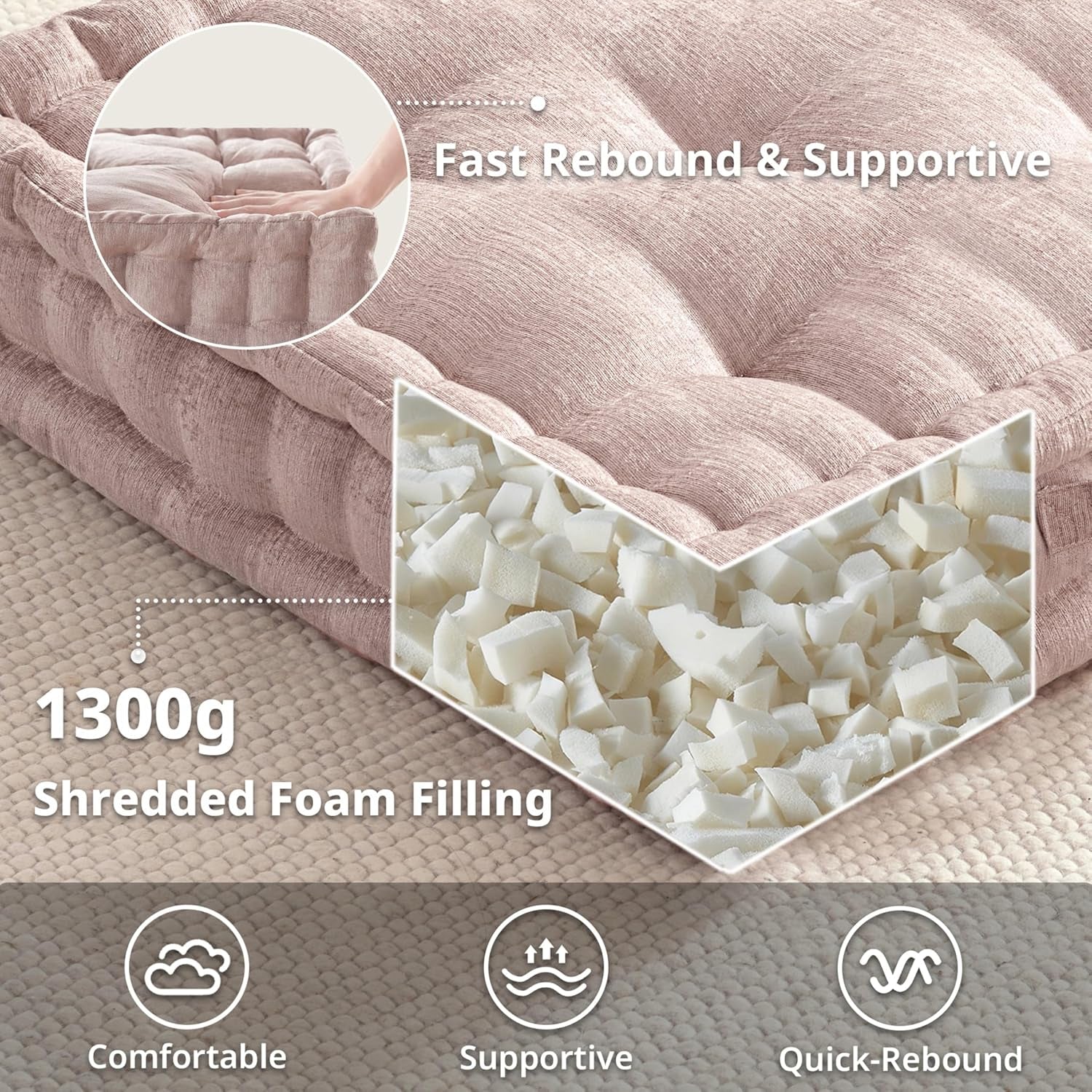 Large Floor Pillow for Adults Yoga or Meditation Cushion with Handle, Floor Cushion for Board Games, Lustrous Chenille Tufted, Handsewn Scalloped Edge, Azza, 24" X 24" X 5" Blush