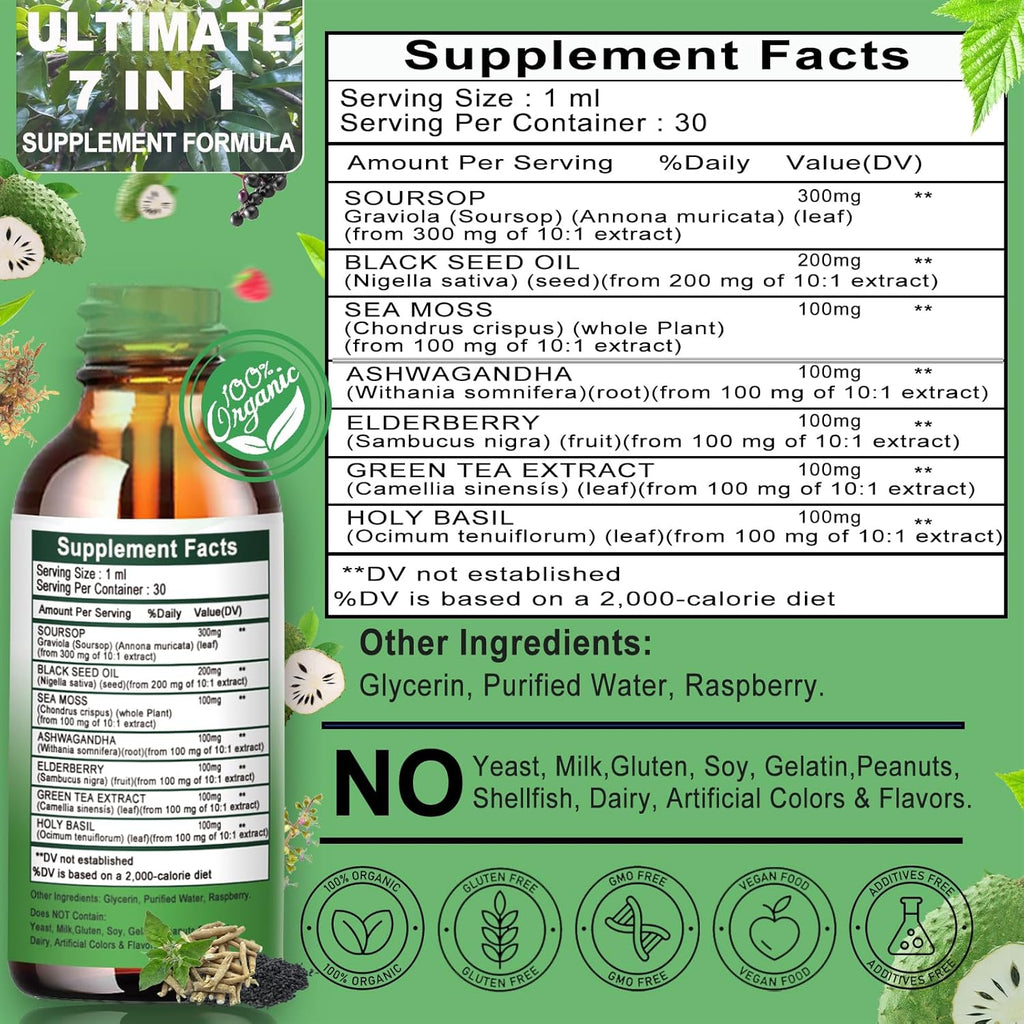 Soursop Drops,Soursop Bitters Liquid with Sea Moss Black Seed Oil Green Tea Extract Ashwagandha Elderberry Holy Basil-Multimineral&Vitamins Superfood Drops for Immune&Digestive & Cell Support