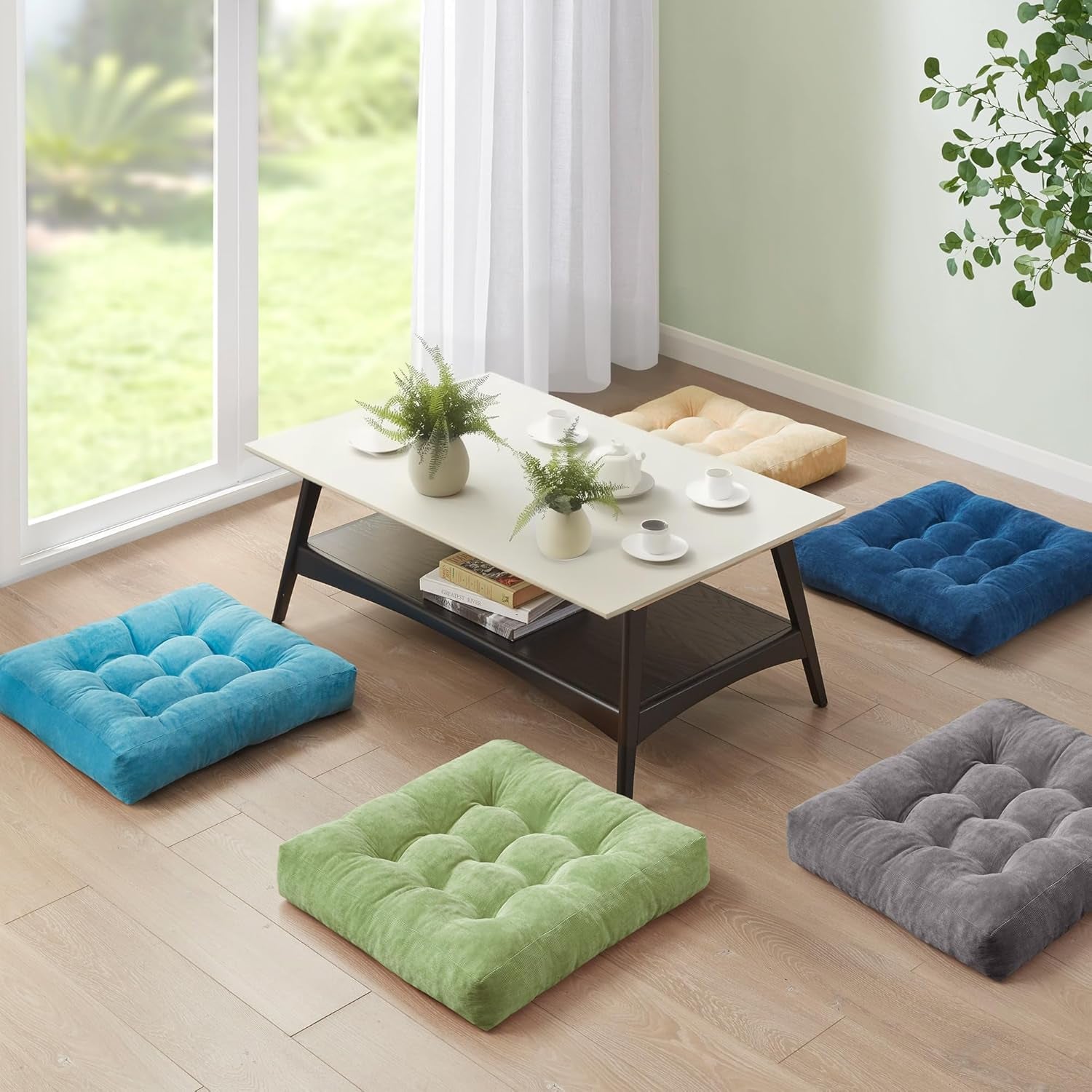 Meditation Floor Pillow Set of 2, Square Large Pillows Seating for Adults, Tufted Corduroy Cushion for Living Room Tatami, Green 22X22 Inch