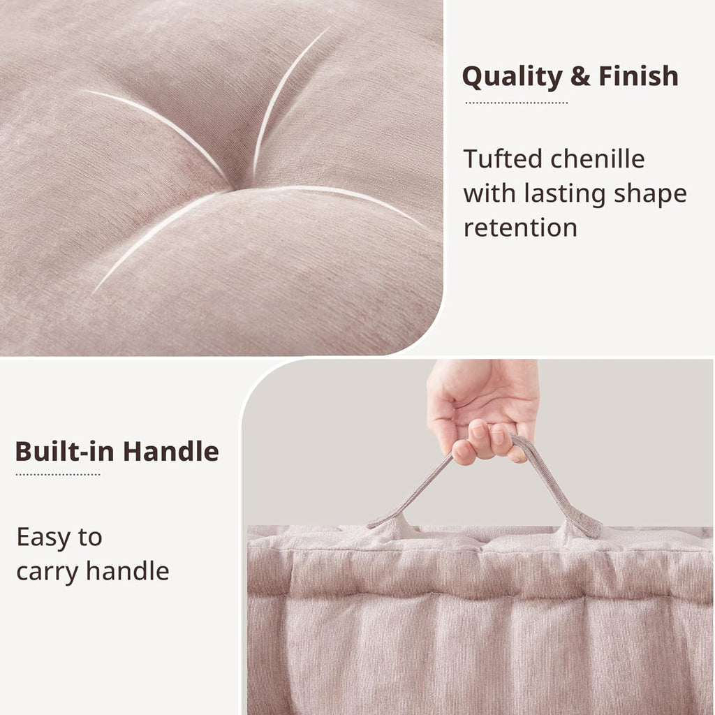 Large Floor Pillow for Adults Yoga or Meditation Cushion with Handle, Floor Cushion for Board Games, Lustrous Chenille Tufted, Handsewn Scalloped Edge, Azza, 24" X 24" X 5" Blush