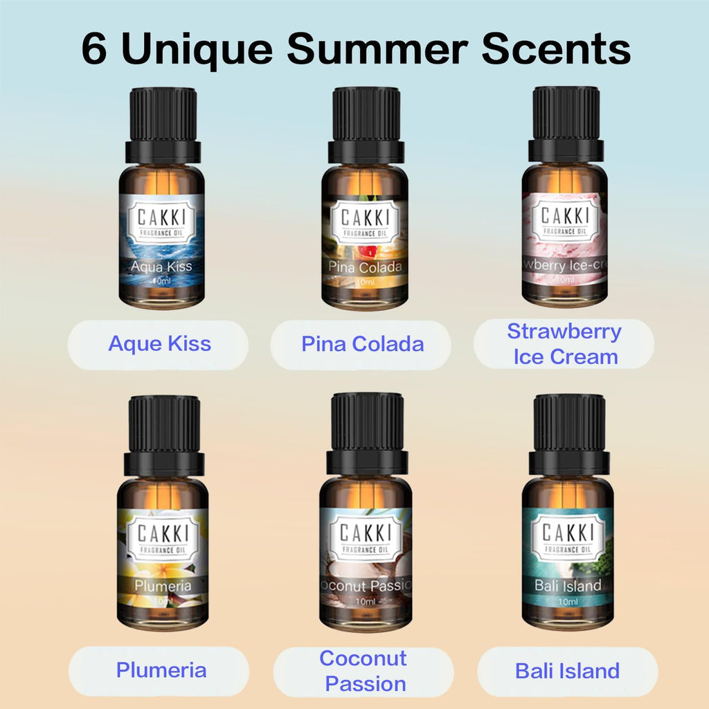 Summer Essential Oils for Diffusers for Home,  Fragrance Oils Set, Long Lasting, 6X10Ml with Coconut, Pina Colada, Aqua Kiss, Bali Island, Strawberry, Aromatherapy Oils, for Candles Making, Gifts