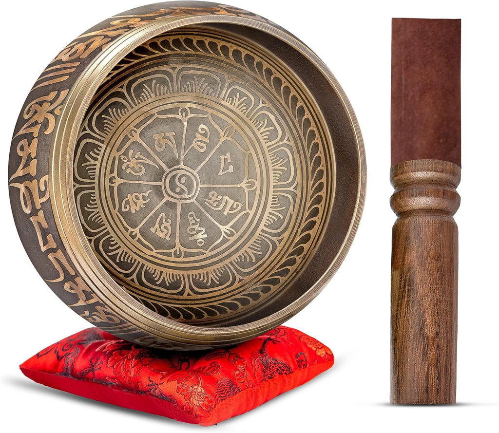 Premium Tibetan Singing Bowl Set – Handmade in Nepal Sound & Meditation Bowl – Spiritual Decor for Yoga, Wellness Spaces & Relaxation by  (Brown & Red)