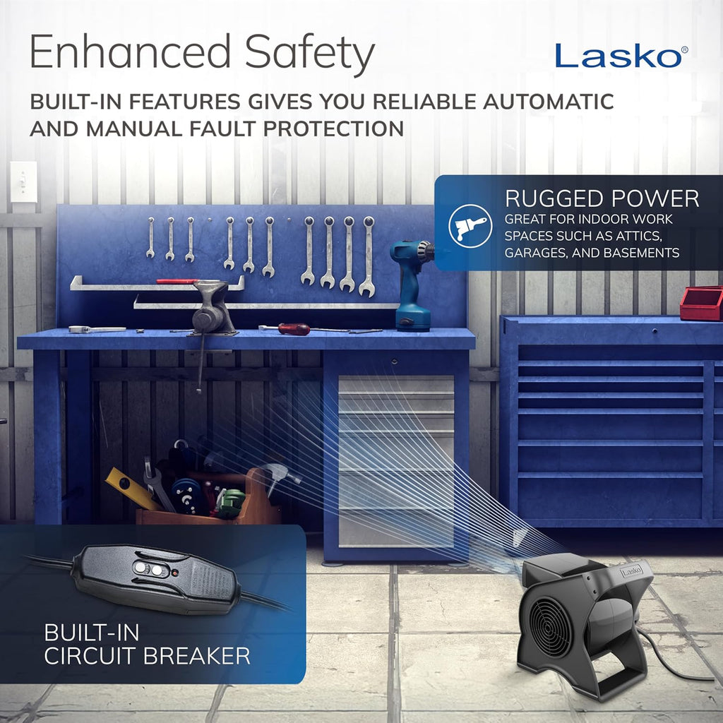 Lasko High Velocity Portable Utility Fan - Adjustable Air Mover Blower Fan for Bedroom, Office Desk, Garage, and Home - with 2 Outlets 120V - 3 Speeds - U12104 - 12" Tall - Black