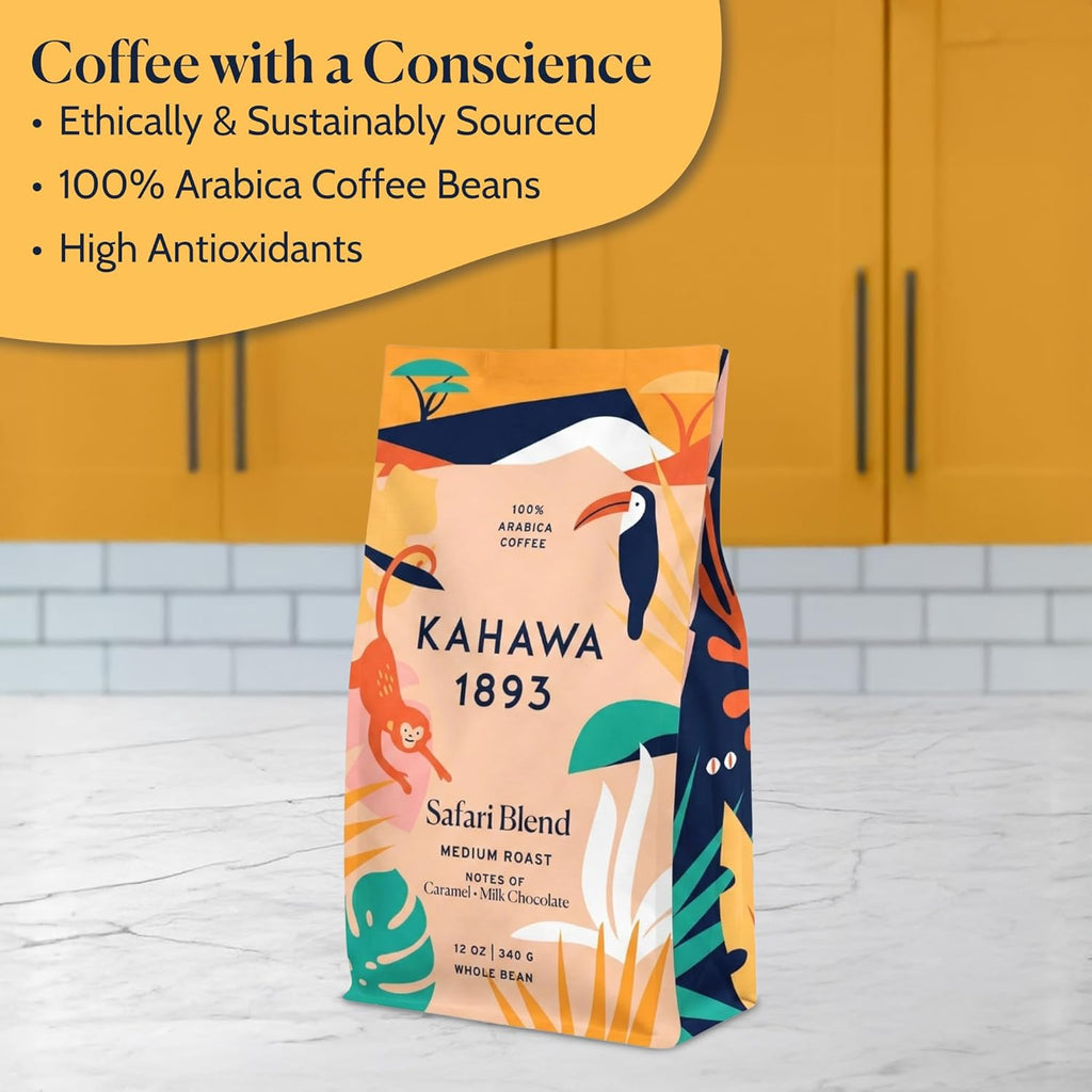 Whole Bean Coffee Medium Roast Safari Blend 12 Oz - as Seen on Shark Tank, High Antioxidants, Naturally Sweet, Organically Grown, Ethically & Sustainably Sourced