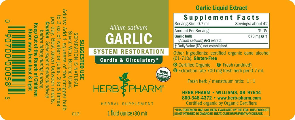 Certified Organic Garlic Liquid Extract for Cardiovascular and Circulatory Support - 1 Ounce