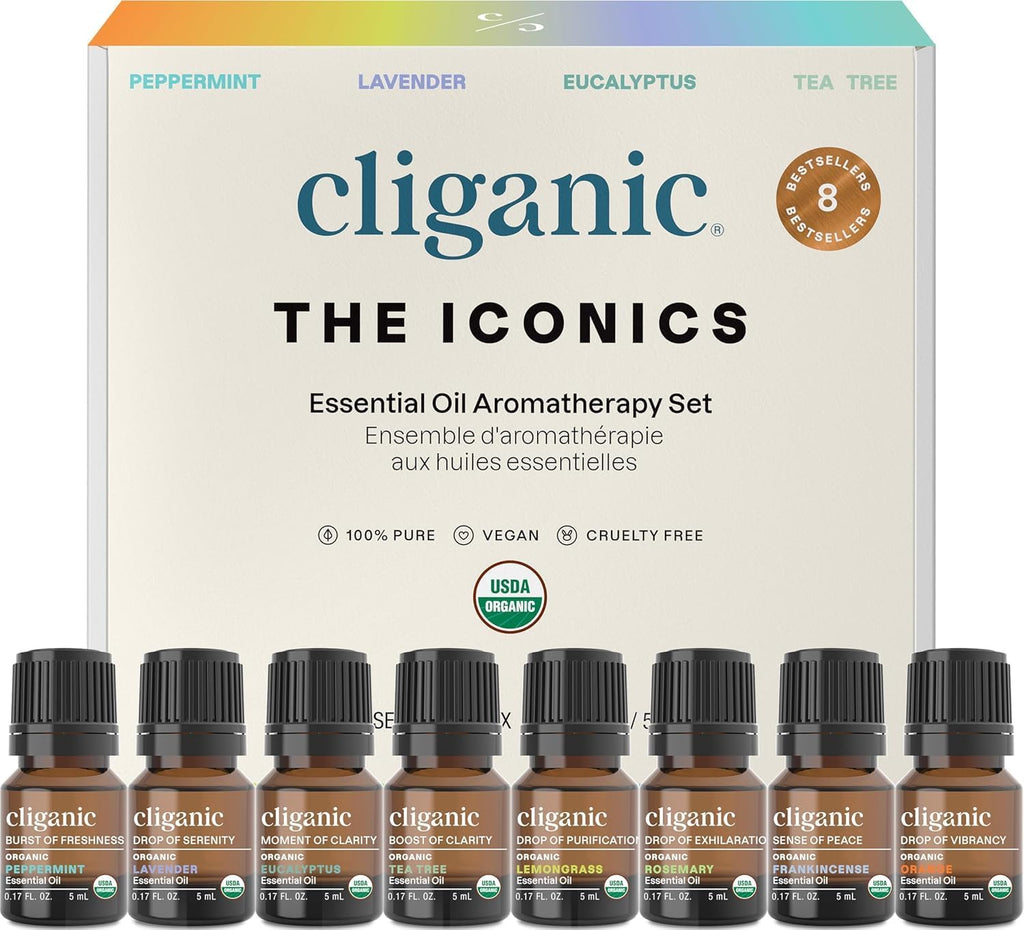 Organic Aromatherapy Essential Oils Gift Set (Top 8 - the Iconics), 100% Pure - Peppermint, Lavender, Eucalyptus, Tea Tree, Lemongrass, Rosemary, Frankincense & Orange