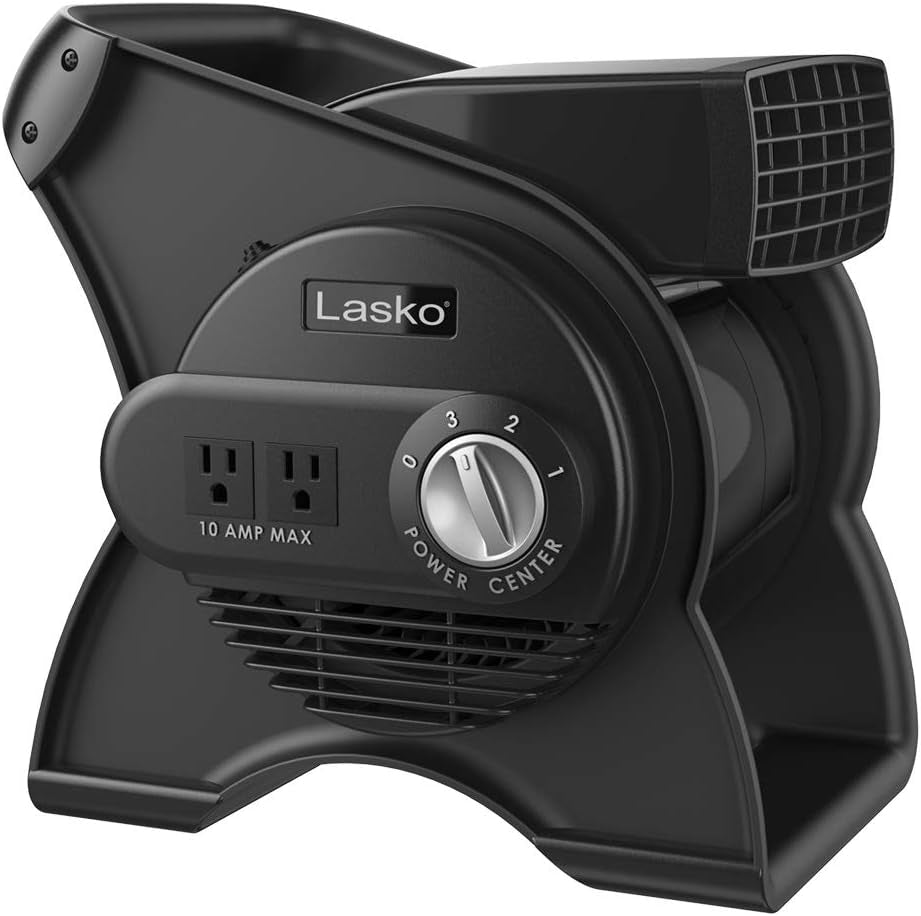 Lasko High Velocity Portable Utility Fan - Adjustable Air Mover Blower Fan for Bedroom, Office Desk, Garage, and Home - with 2 Outlets 120V - 3 Speeds - U12104 - 12" Tall - Black