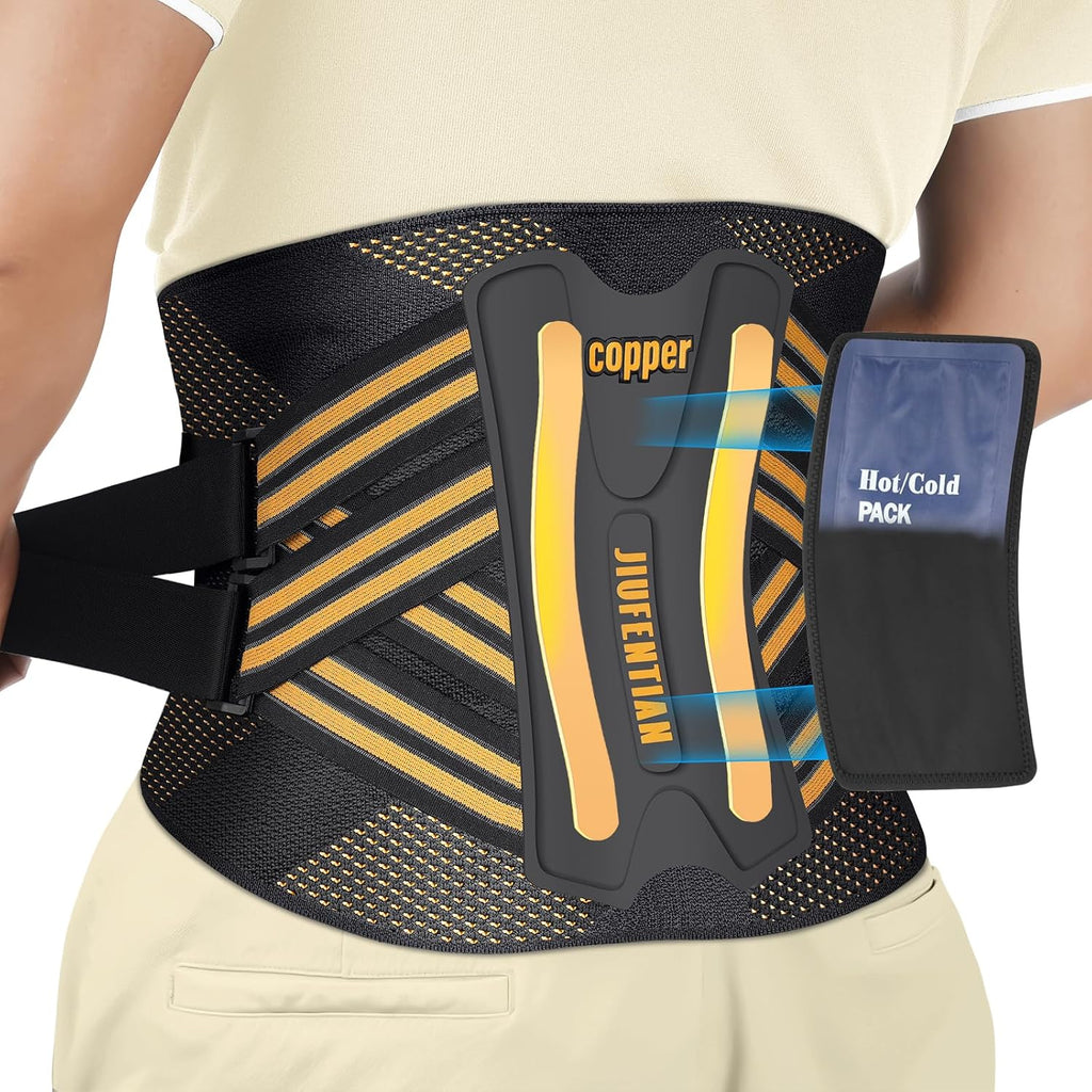 Copper Lower Back Brace with Removable Dual Spine Rods & Therapy Pocket-Ultra Breathable for Lower Back Pain Relief & Work Support(Large)