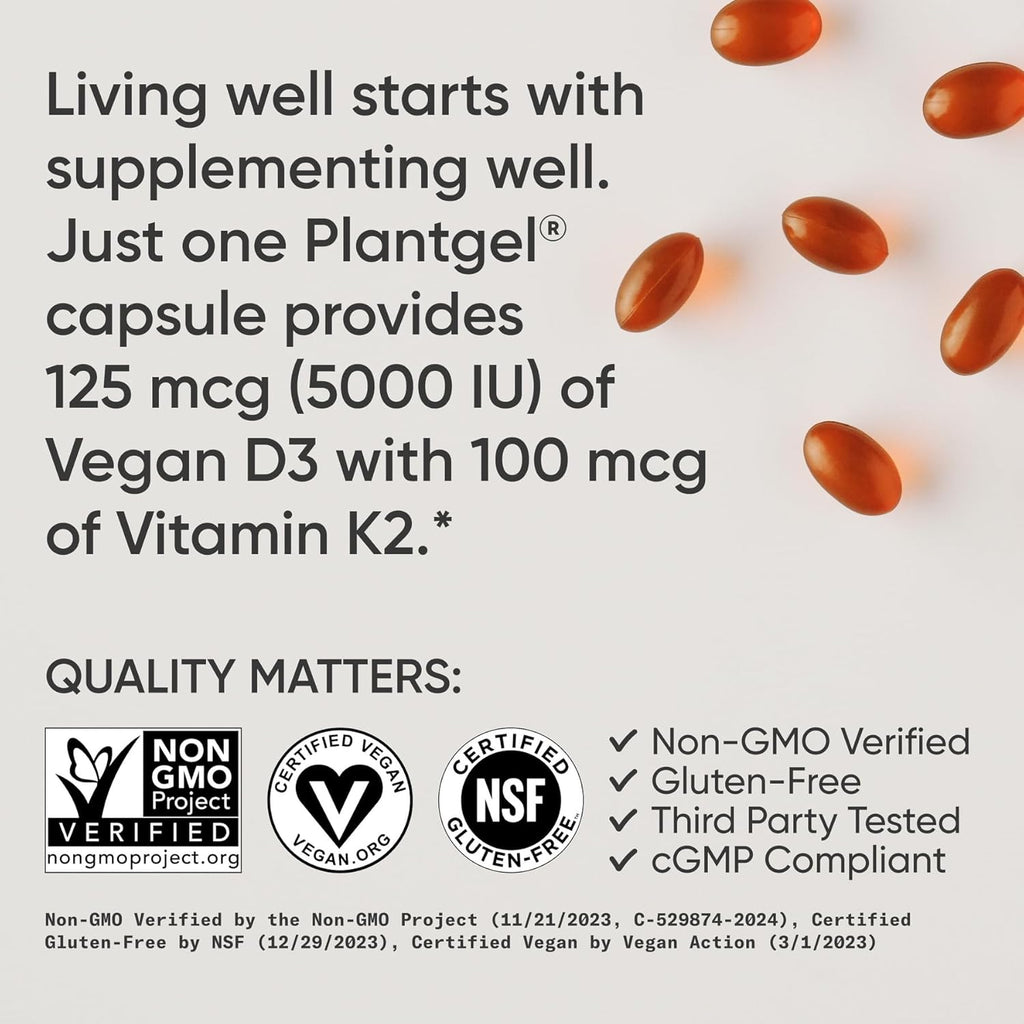 Sports Research® Vitamin D3 + K2 W/ Coconut Oil - Vegan Vitamin D 5000Iu & Mk7 Vitamin K 100Mcg for Bone & Immune Support - Vegan Certified · Non-Gmo · Soy Free - 60 Softgels | Plant-Based Vitamin D 5000Iu/125Mcg & Soy-Free Vitamin K 100Mcg for Bone & Immune Support - Vegan Certified & Non-Gmo Verifed