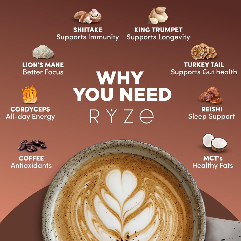 RYZE SUPERFOODS Mushroom Coffee Dark Roast, 6 Adaptogenic Mushrooms & Prebiotic Blend, Instant Coffee Supports Energy, Focus, Digestion & Immunity, Lions Mane & Turkey Tail, 30 Servings
