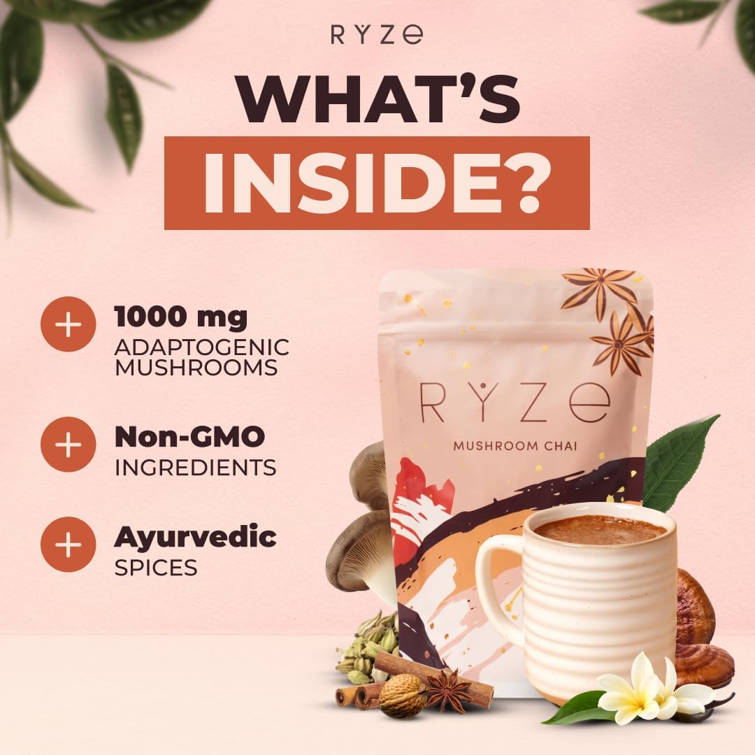 RYZE SUPERFOODS Mushroom Chai with 6 Organic Adaptogenic Mushrooms for Better Energy, Focus, Digestion, Immunity with USA Grown Lion's Mane, Turkey Tail, Shiitake, Reishi - Gluten Free, 20 Servings