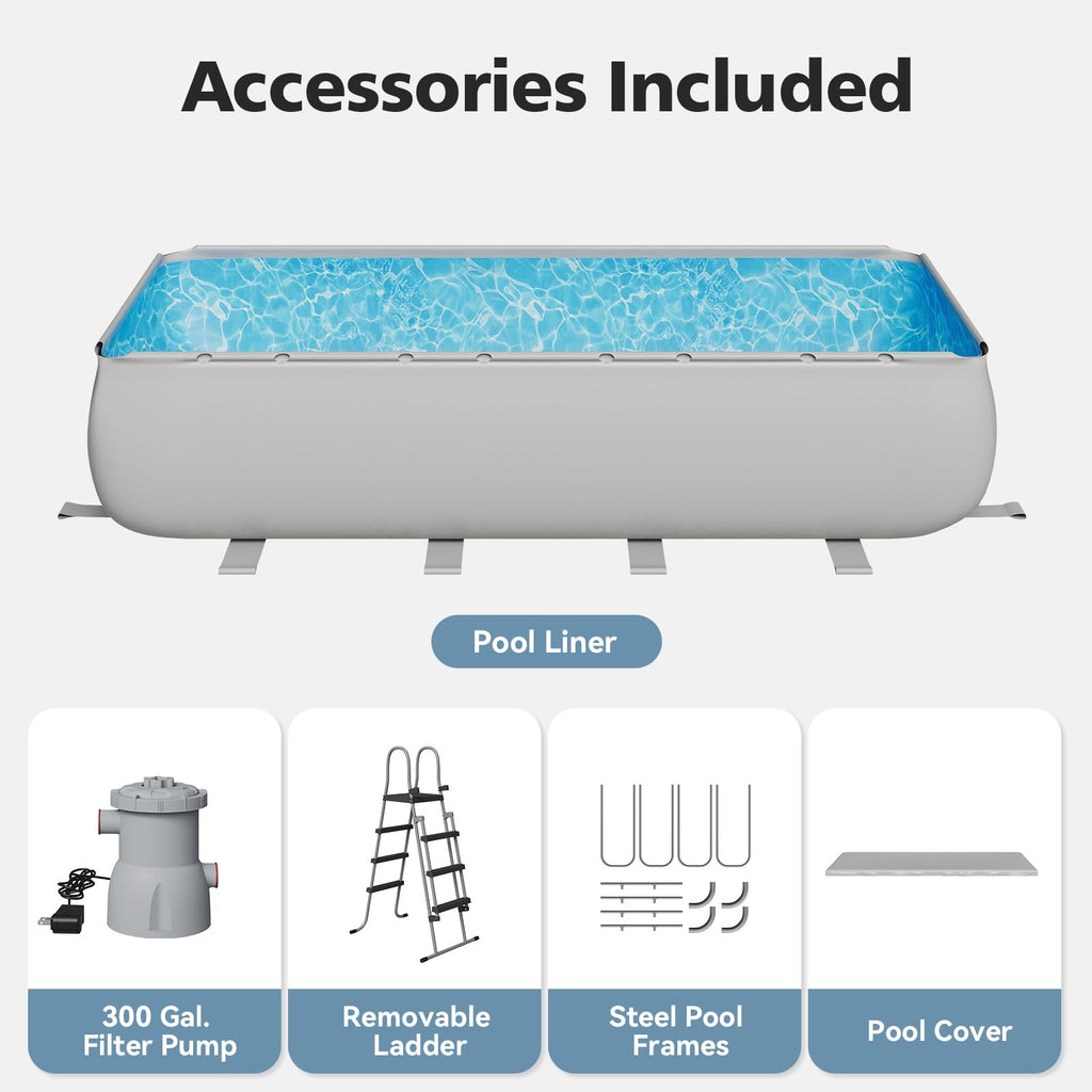 SunSwell 18' x 9' x 47" Rectangular Above Ground Pool Set with Removable Ladder and Filter Pump, Large Swimming Pool for Backyard, Gray