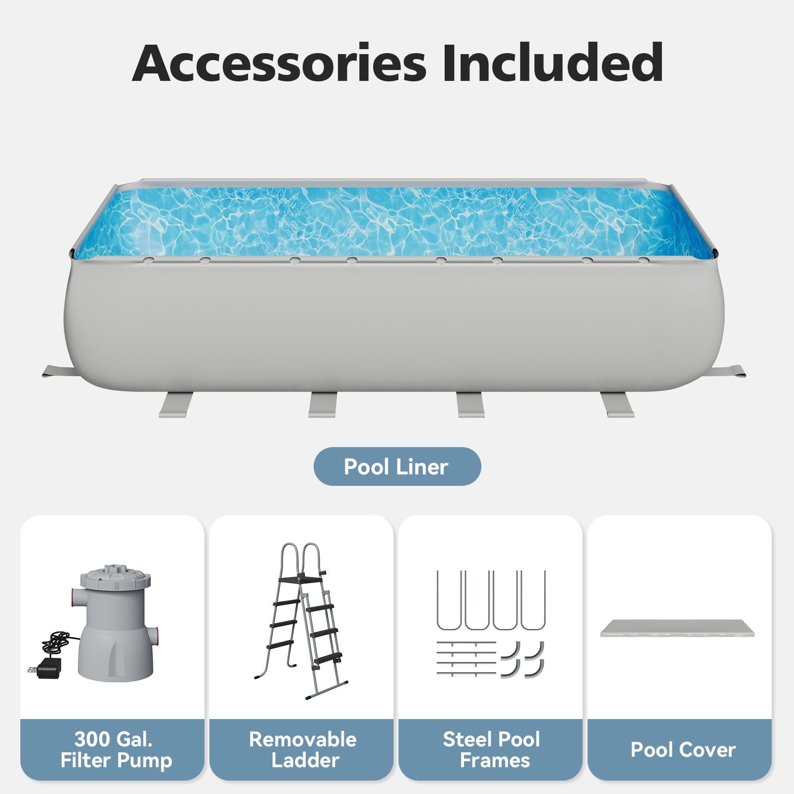 SunSwell 18' x 9' x 47" Rectangular Above Ground Pool Set with Removable Ladder and Filter Pump, Large Swimming Pool for Backyard, Gray