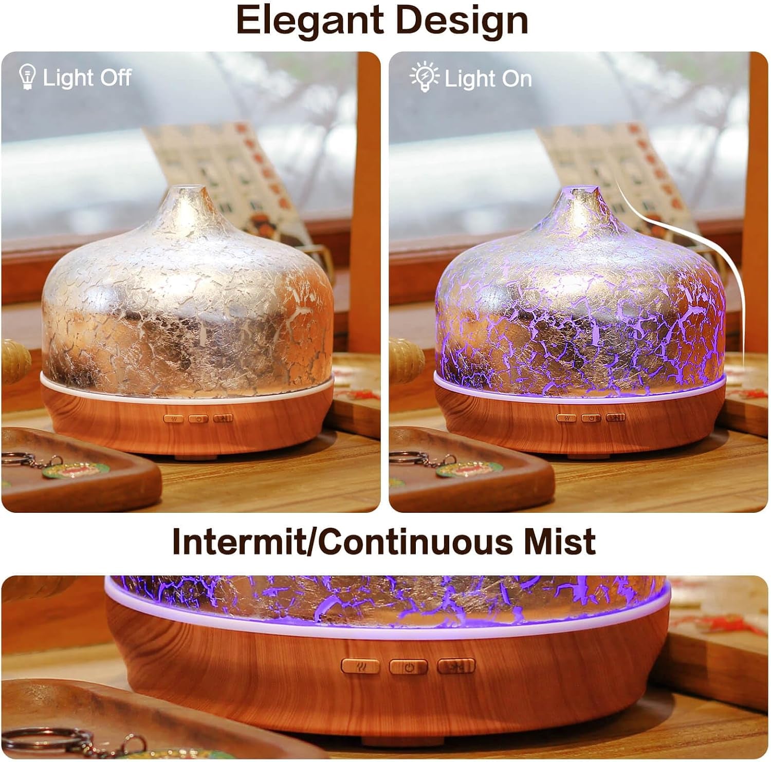 500Ml Glass Essential Oil Diffuser Aromatherapy Ultrasonic Cool Mist Humidifier 15-21 Running Hours Waterless Auto-Off Air Diffusers for Sleeping Yoga Working Spa(Silver Plated)
