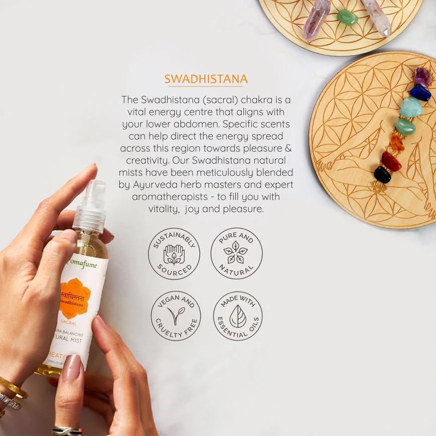Aromafume Sacral Chakra Natural Mist 100ml/3.3 fl oz | Swadisthana | Aromatherapy Spray for Chakra Balance | Orange & Patchouli Extracts | Essential Oil Spray for Meditation, Yoga, Reiki
