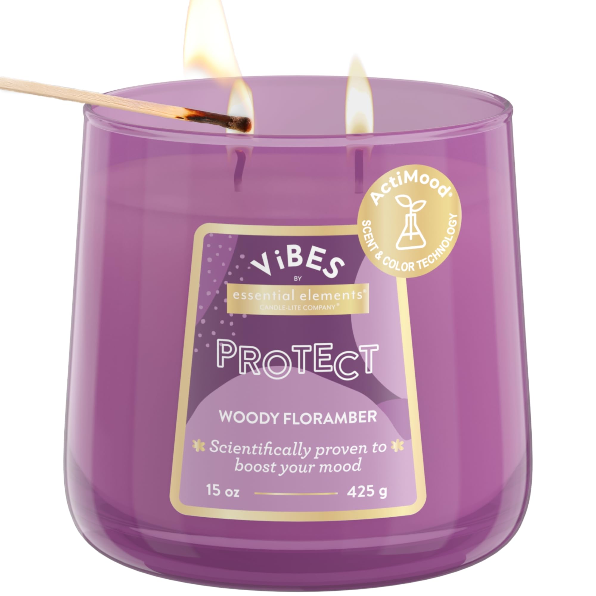 Candle-Lite Vibes Woody Floramber Mood-Enhancing Scented Candles, 15 oz Jar, Aromatherapy, Proudly Poured in The USA, 2-Wick, 86 Hours Burn Time, Perfect Relaxation Gift