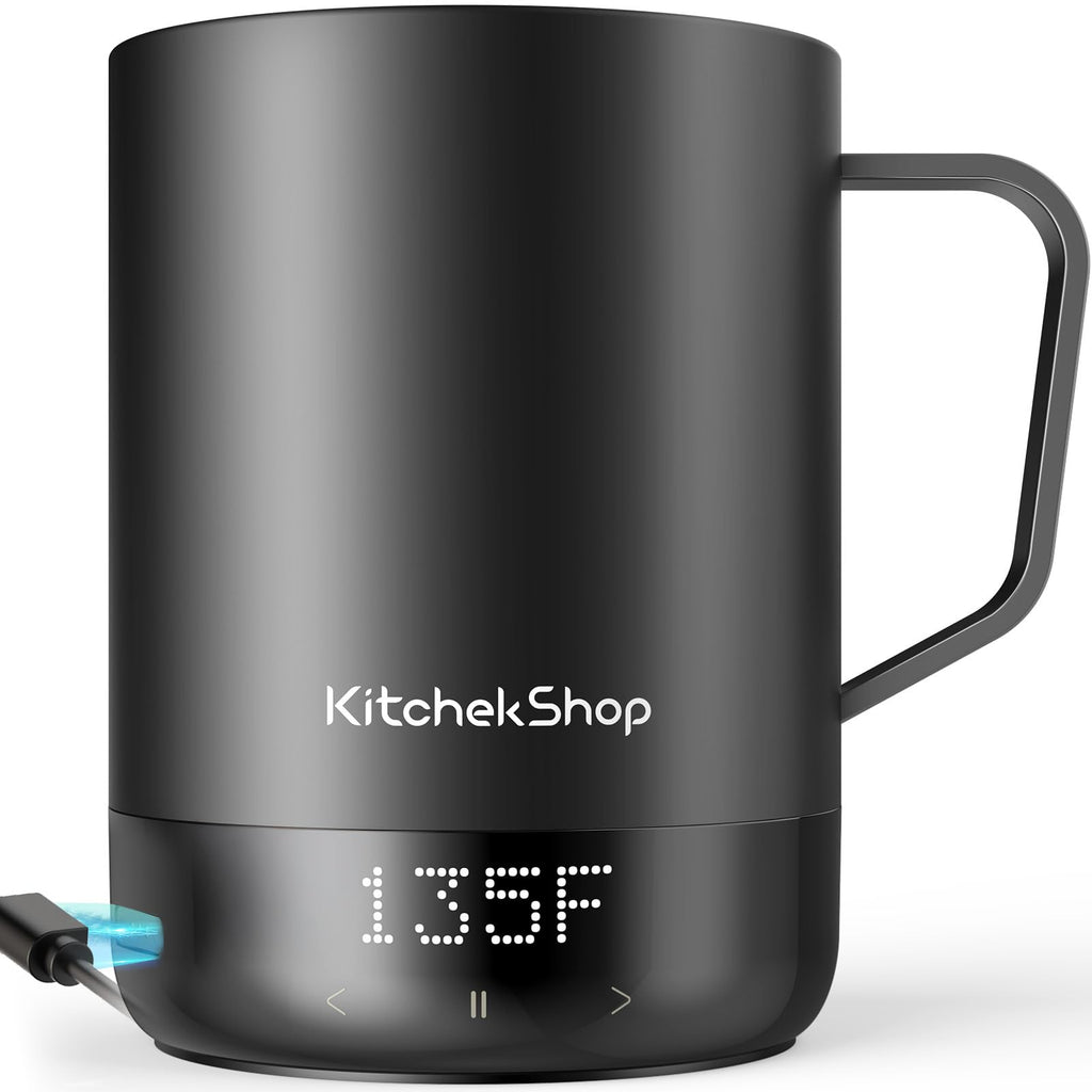 KitchekShop 14oz Smart Coffee Mug Warmer - Self-Heating Mug with App Control, 160℉ Temperature Control, 150-Min Battery, Rechargeable Heated Mug Warmer for Home Office, Ideal Gifts for Dad Mom