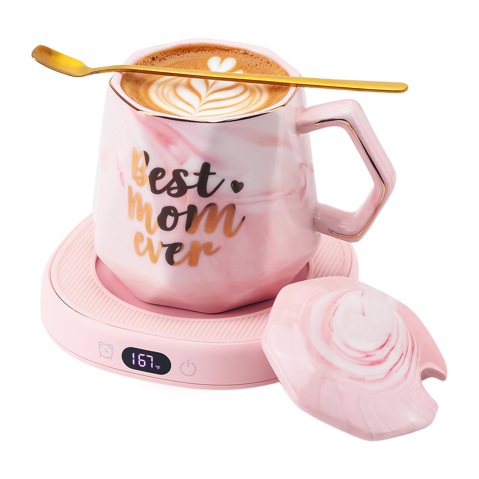 Coffee Mug Warmer & Best MOM Ever Mug Set, Smart Heated Electric Cup Warmer for Desk Office, 4 Temperature Control Beverage Tea Coffee Warmer, 8h Auto Shut Off Candle Plate, Women Mom Gifts from Son