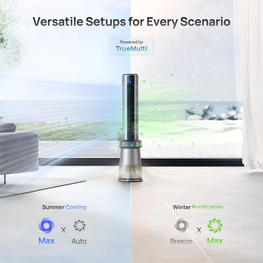 DREO MC710S Air Purifier Tower Fan, 45" 2-in-1 Smart Fan for Bedroom, 27ft/s Velocity, 120°Oscillation, 24H Timer Bladeless Fans for Home, 25dB Low Noise, Standing Fan Works with Alexa, Silver Blue