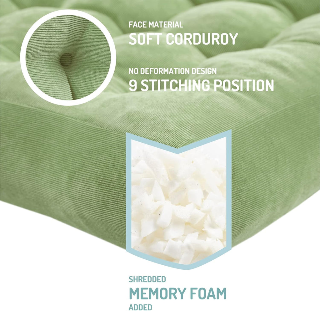 Meditation Floor Pillow Set of 2, Square Large Pillows Seating for Adults, Tufted Corduroy Cushion for Living Room Tatami, Green 22X22 Inch