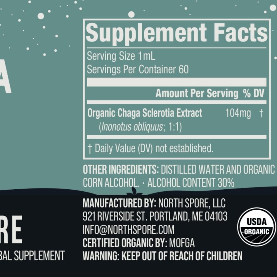 North Spore Chaga Mushroom Tincture | Energy & Wellness Boosting Supplement Drops | Adaptogenic Superfood | Dual Extract Organic Blend, 100% Fruiting Bodies | Non-GMO, Vegan - 2oz