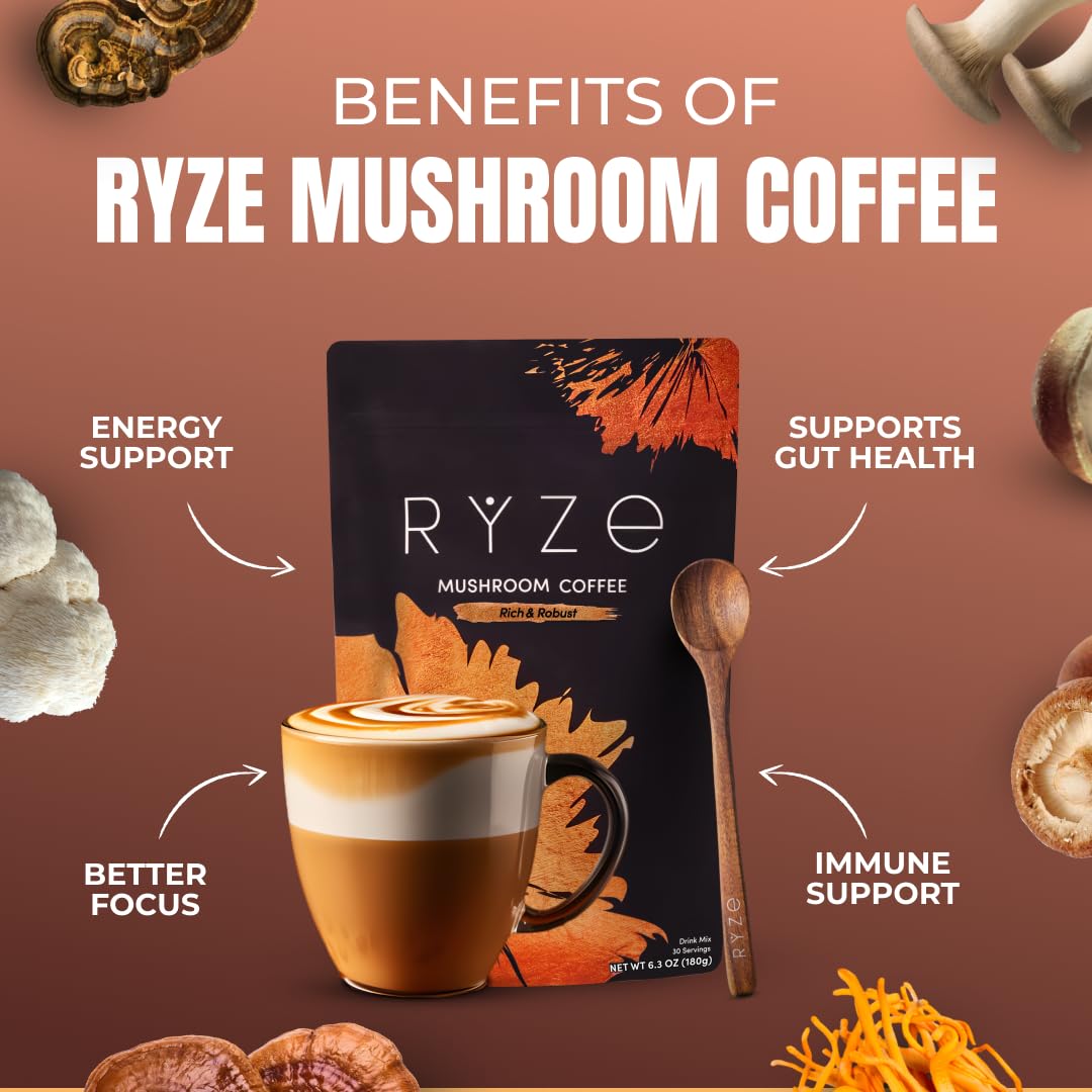 RYZE SUPERFOODS Mushroom Coffee Dark Roast, 6 Adaptogenic Mushrooms & Prebiotic Blend, Instant Coffee Supports Energy, Focus, Digestion & Immunity, Lions Mane & Turkey Tail, 30 Servings