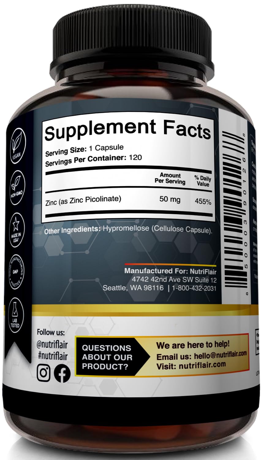 NutriFlair Zinc Picolinate 50mg, 120 Capsules - Maximum Absorption Zinc Supplement Pills - Immune System Booster, Immunity Defense, Powerful Non-GMO Antioxidant - Compare to gluconate, Citrate, Oxide